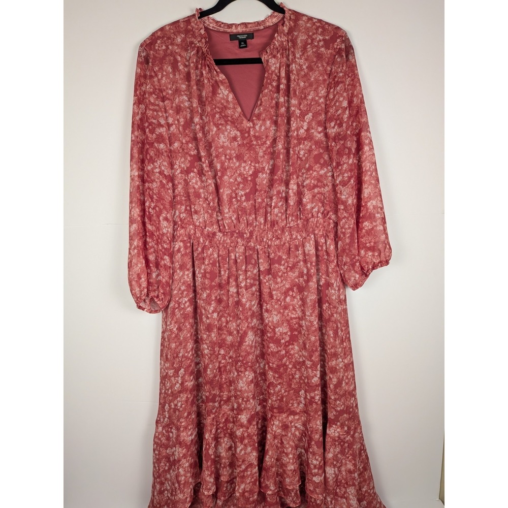 Simply Vera Vera Wang Pink Floral Flowy High Low Dress Ruffle Size XL 3/4 Sleeve